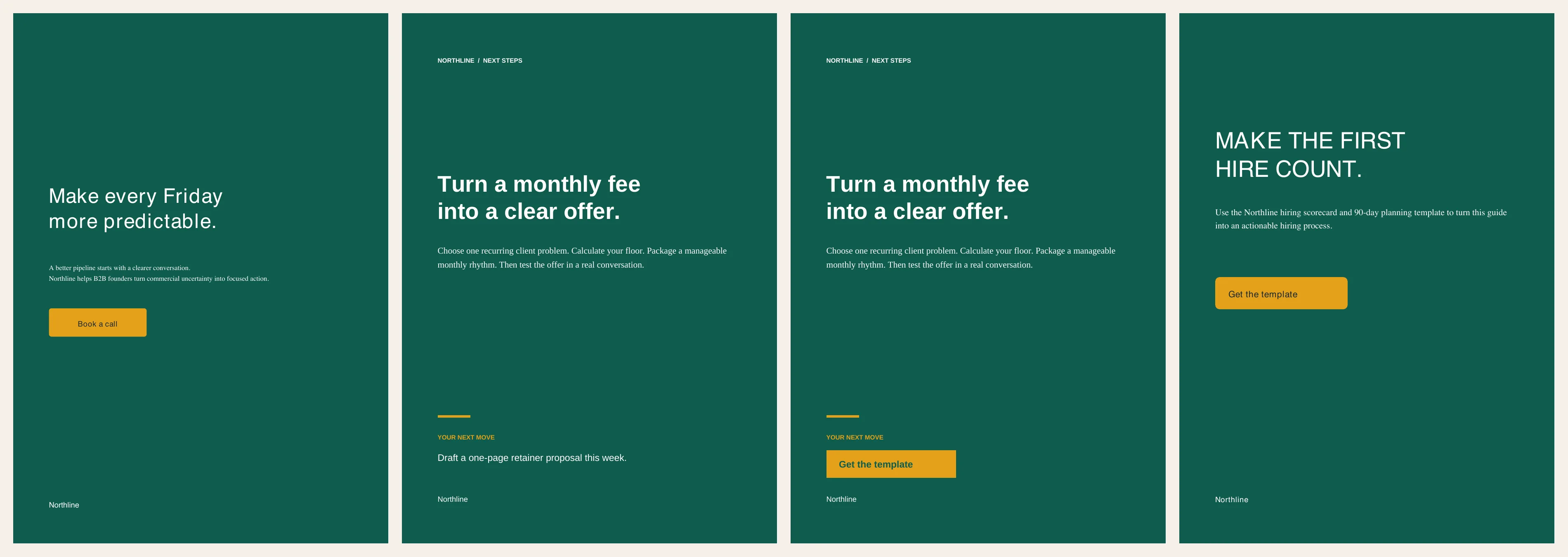 Four closing pages from the same saved brand: the first with the Book a call button, the second with a sentence instead, the second after an edit with a button that links nowhere, and the memory run with the edited button text.