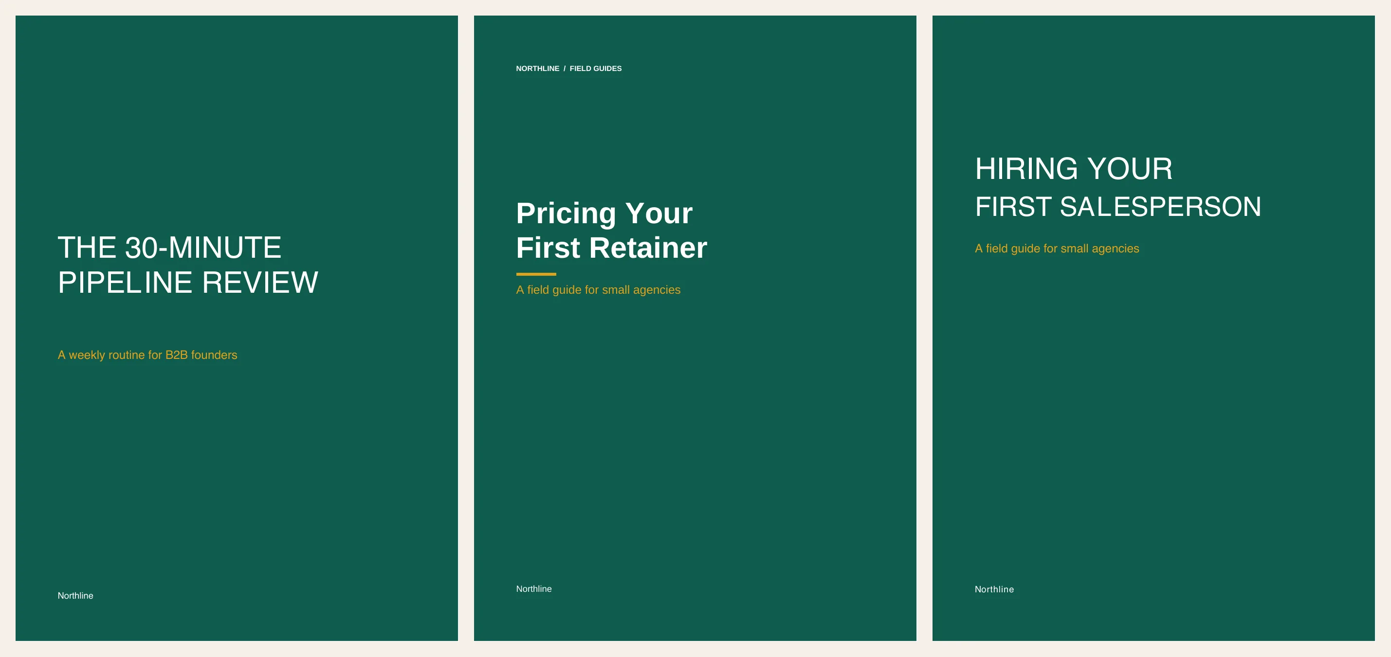 Three covers from the same saved Northline brand: light capitals, then bold title case with a label and an amber rule, then capitals in two weights from the memory run.
