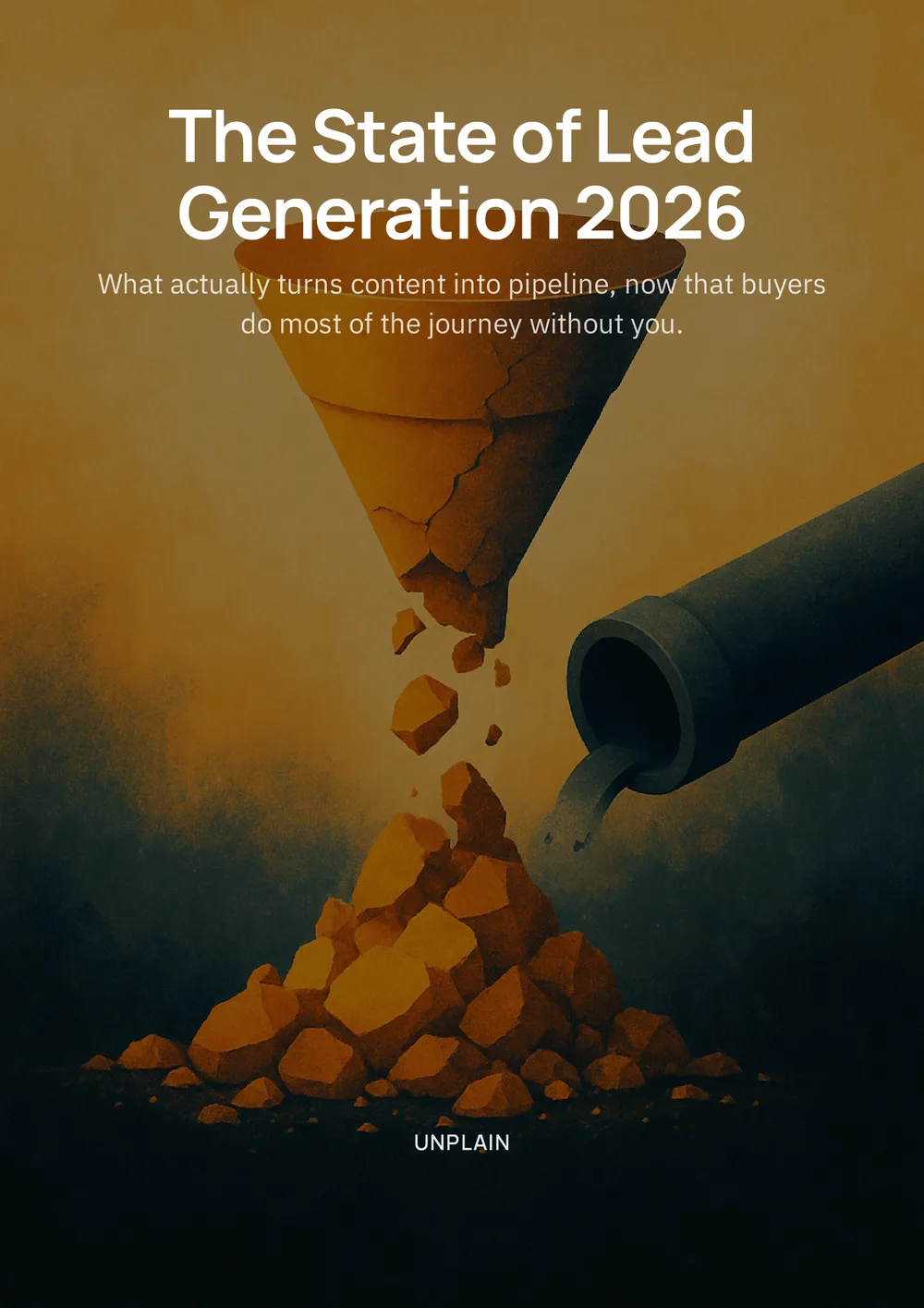 A cracked funnel spilling chunks of ore into a pile beside a dark pipe, on the cover of The State of Lead Generation 2026