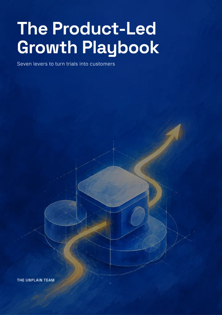 Cover of The Product-Led Growth Playbook: a blue blueprint illustration of a product with a glowing upward path, under the title and the subtitle Seven levers to turn trials into customers.