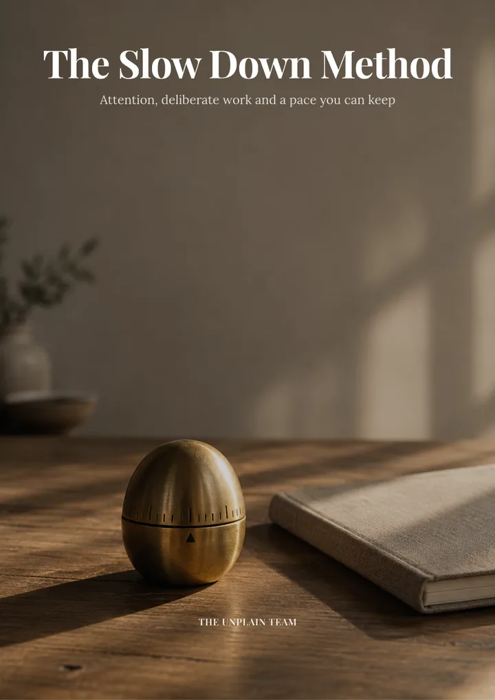 Cover of The Slow Down Method: a brass kitchen timer and a closed notebook on a wooden desk in soft light, with the title in a serif typeface.