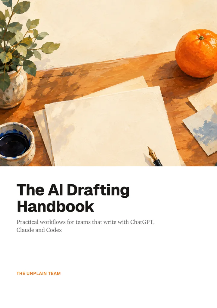 Cover of The AI Drafting Handbook: a painted writing desk with cream paper, an ink pot and an orange, above the title and the subtitle Practical workflows for teams that write with ChatGPT, Claude and Codex.