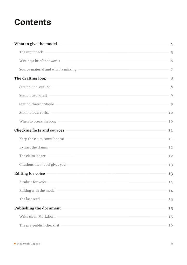 The contents page of The AI Drafting Handbook, page 2 of 18.
