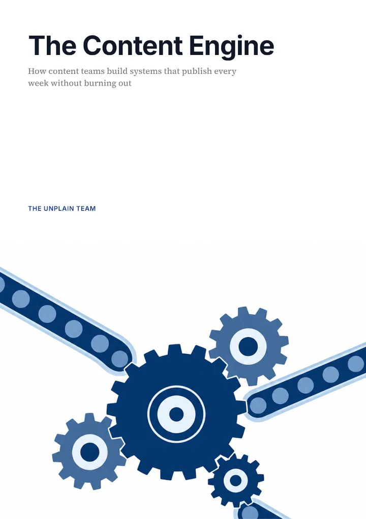 Cover of The Content Engine: navy gears and conveyor belts under the title and the subtitle How content teams build systems that publish every week without burning out.