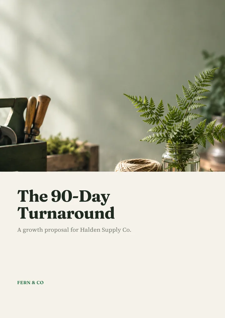 Cover of The 90-Day Turnaround, a growth proposal by Fern & Co for Halden Supply Co.: a tidy workshop bench with tools and a fern, in a sage and bone theme.