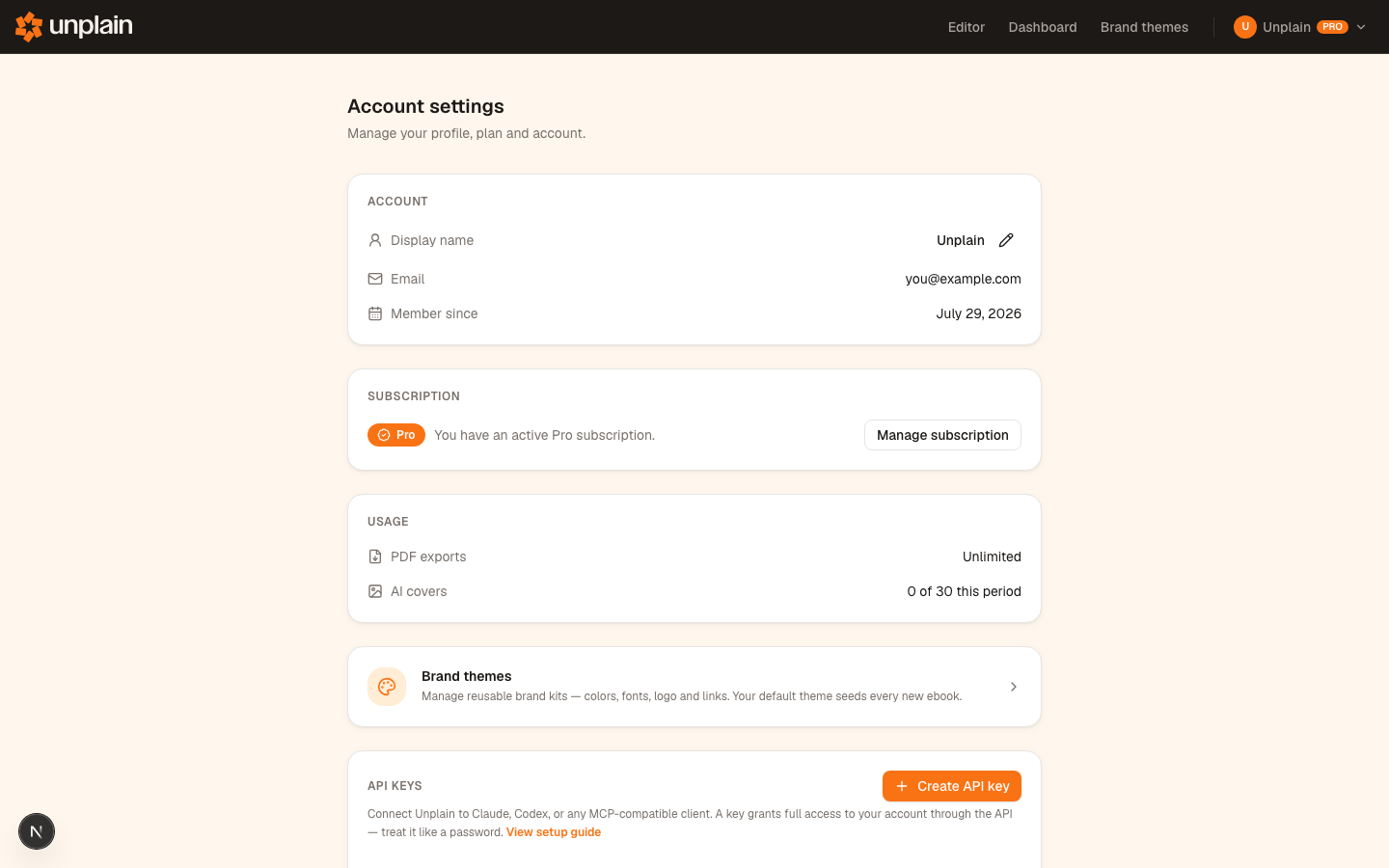 The Unplain account settings page showing the API keys section, Brand themes entry, and Create API key button