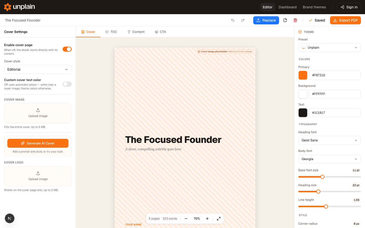 Unplain's editor showing a cover with a placeholder image and the theme panel: preset, colors, typography and spacing